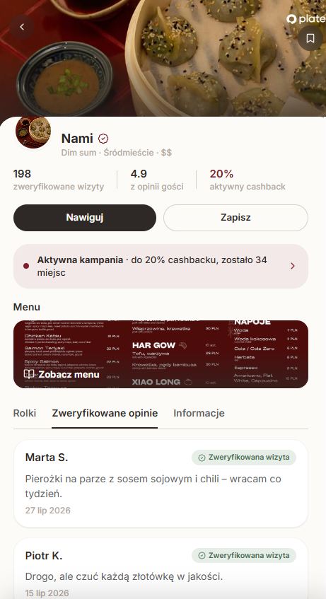 Profil lokalu Nami w aplikacji Plate: zdjęcie dania, odznaka weryfikacji, 198 zweryfikowanych wizyt, ocena 4.9 z opinii gości, 20% aktywnego cashbacku, przyciski Nawiguj i Zapisz, baner aktywnej kampanii, podgląd menu oraz opinie z odznaką Zweryfikowana wizyta.
