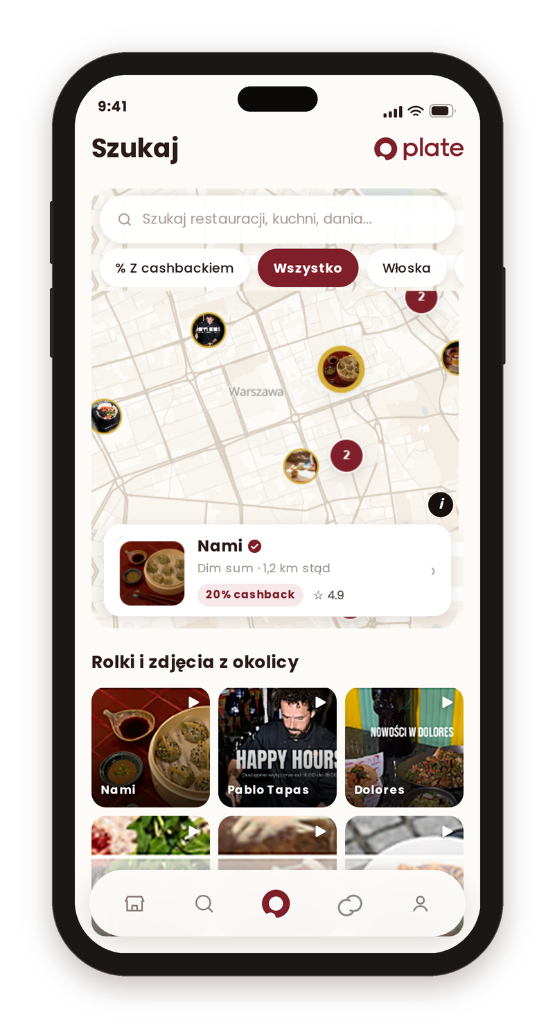 Telefon z ekranem Szukaj w aplikacji Plate: mapa Warszawy z miniaturami lokali, filtry „% Z cashbackiem”, „Wszystko” i „Włoska”, karta Nami — dim sum, 1,2 km stąd, 20% cashback, ocena 4.9 — oraz sekcja Rolki i zdjęcia z okolicy z sześcioma kafelkami wideo.